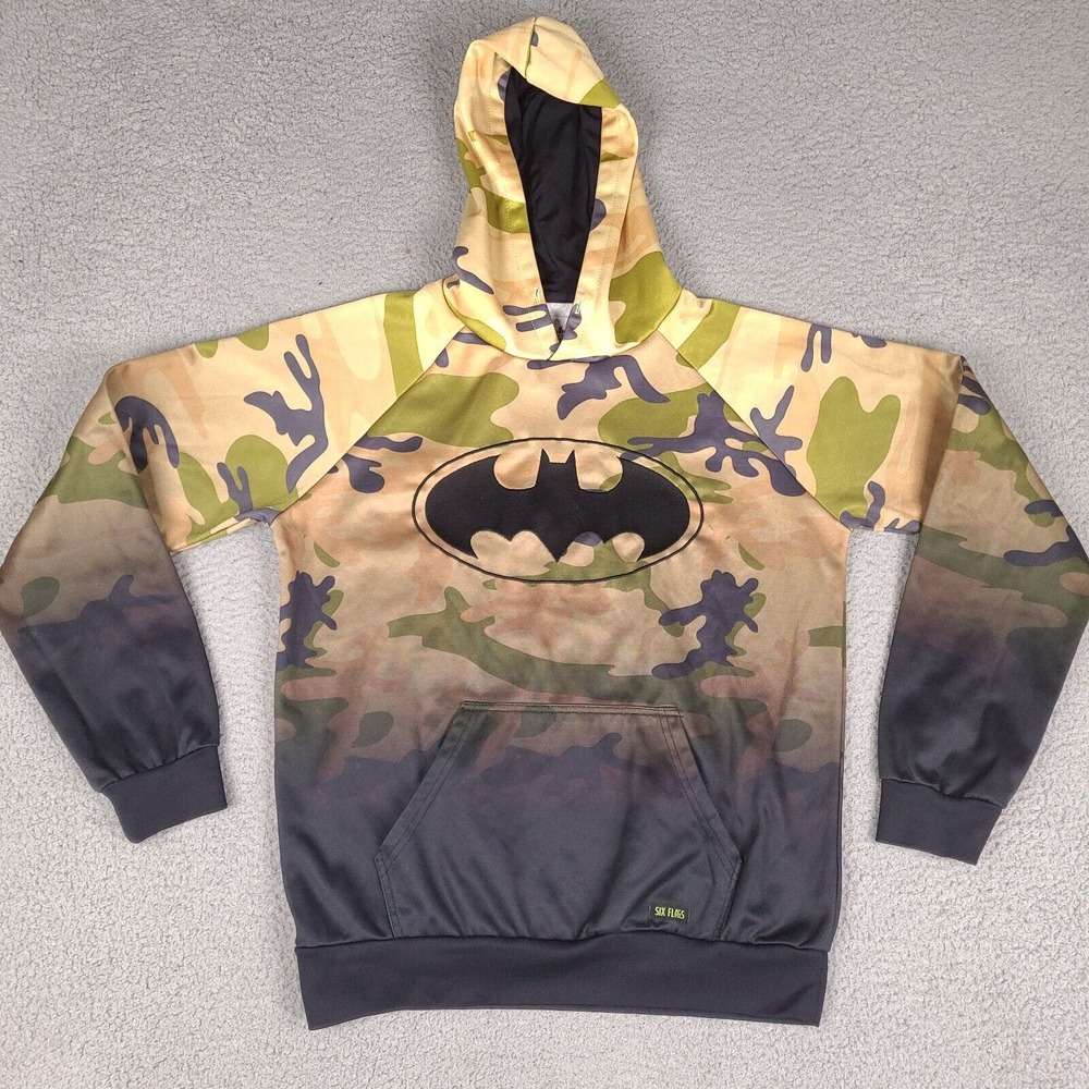 Batman Hoodie Sweatshirt Mens Medium Camo Six Flags Logo DC Comics Pullover